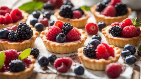 Fresh homemade fruit seasonal tart with strawberries and blueberries. Placed on plate on a wooden table next the window, delicious to eat, round by fruits. Selected and decorated with various types.の素材