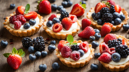 Fresh homemade fruit seasonal tart with strawberries and blueberries. Placed on plate on a wooden table next the window, delicious to eat, round by fruits. Selected and decorated with various types.の素材