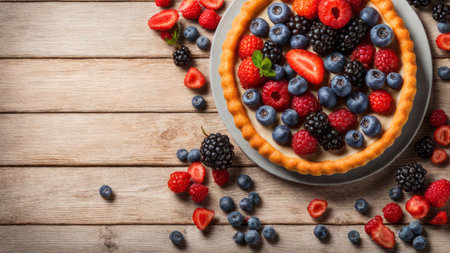 Fresh homemade fruit seasonal tart with strawberries and blueberries. Placed on plate on a wooden table next the window, delicious to eat, round by fruits. Selected and decorated with various types.の素材