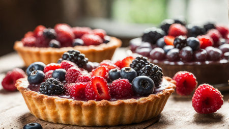 Fresh homemade fruit seasonal tart with strawberries and blueberries. Placed on plate on a wooden table next the window, delicious to eat, round by fruits. Selected and decorated with various types.の素材