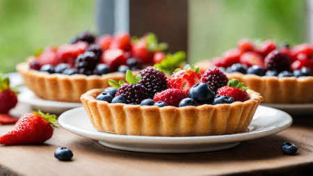 Fresh homemade fruit seasonal tart with strawberries and blueberries. Placed on plate on a wooden table next the window, delicious to eat, round by fruits. Selected and decorated with various types.の素材