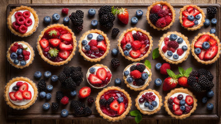 Fresh homemade fruit seasonal tart with strawberries and blueberries. Placed on plate on a wooden table next the window, delicious to eat, round by fruits. Selected and decorated with various types.の素材