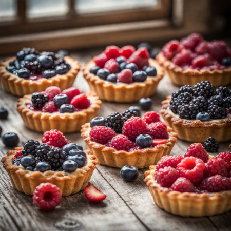 Fresh homemade fruit seasonal tart with strawberries and blueberries. Placed on plate on a wooden table next the window, delicious to eat, round by fruits. Selected and decorated with various types.の素材