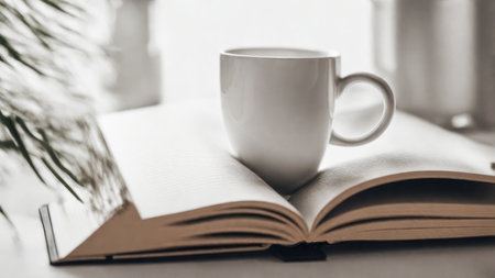 A casual holiday with hot coffee in a white coffee mug put on the book with the warm morning sunshine from the window to feel relaxed good for relaxingの素材