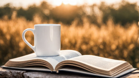 A casual holiday with hot coffee in a white coffee mug put on the book with the warm morning sunshine from the window to feel relaxed good for relaxingの素材