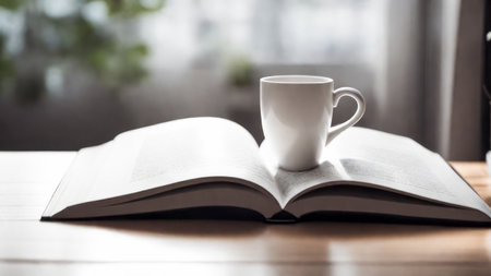 A casual holiday with hot coffee in a white coffee mug put on the book with the warm morning sunshine from the window to feel relaxed good for relaxingの素材