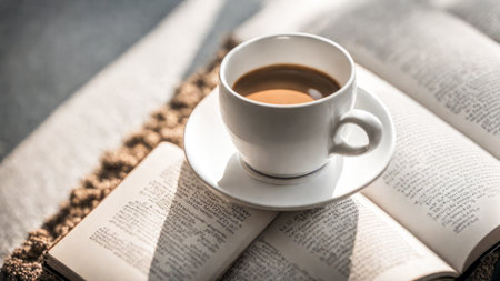 A casual holiday with hot coffee in a white coffee mug put on the book with the warm morning sunshine from the window to feel relaxed good for relaxingの素材