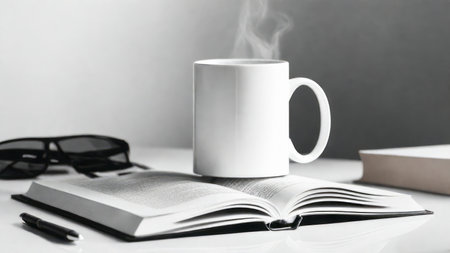 A casual holiday with hot coffee in a white coffee mug put on the book with the warm morning sunshine from the window to feel relaxed good for relaxingの素材