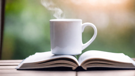 A casual holiday with hot coffee in a white coffee mug put on the book with the warm morning sunshine from the window to feel relaxed good for relaxingの素材