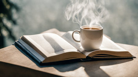 A casual holiday with hot coffee in a white coffee mug put on the book with the warm morning sunshine from the window to feel relaxed good for relaxingの素材