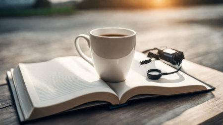 A casual holiday with hot coffee in a white coffee mug put on the book with the warm morning sunshine from the window to feel relaxed good for relaxingの素材