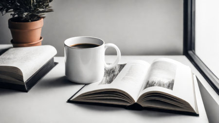A casual holiday with hot coffee in a white coffee mug put on the book with the warm morning sunshine from the window to feel relaxed good for relaxingの素材