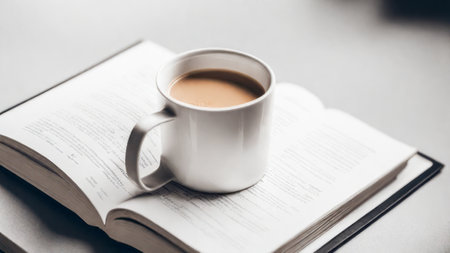 A casual holiday with hot coffee in a white coffee mug put on the book with the warm morning sunshine from the window to feel relaxed good for relaxingの素材