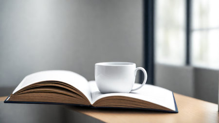 A casual holiday with hot coffee in a white coffee mug put on the book with the warm morning sunshine from the window to feel relaxed good for relaxingの素材