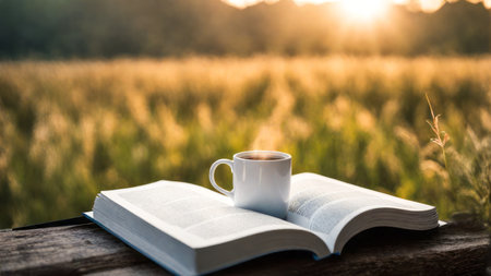 A casual holiday with hot coffee in a white coffee mug put on the book with the warm morning sunshine from the window to feel relaxed good for relaxingの素材