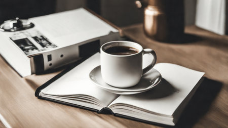 A casual holiday with hot coffee in a white coffee mug put on the book with the warm morning sunshine from the window to feel relaxed good for relaxingの素材