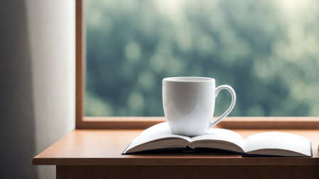 A casual holiday with hot coffee in a white coffee mug put on the book with the warm morning sunshine from the window to feel relaxed good for relaxingの素材