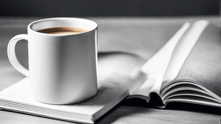 A casual holiday with hot coffee in a white coffee mug put on the book with the warm morning sunshine from the window to feel relaxed good for relaxingの素材