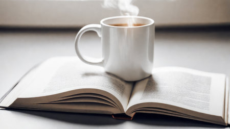 A casual holiday with hot coffee in a white coffee mug put on the book with the warm morning sunshine from the window to feel relaxed good for relaxingの素材