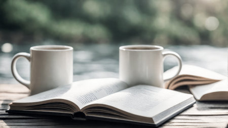 A casual holiday with hot coffee in a white coffee mug put on the book with the warm morning sunshine from the window to feel relaxed good for relaxingの素材