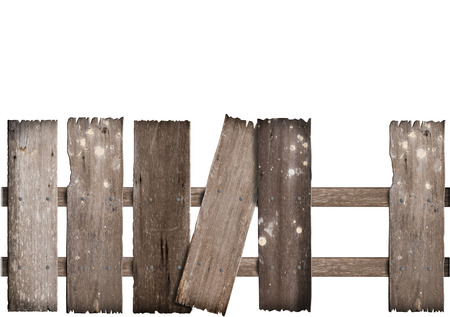 old wooden fence damaged on white background.の写真素材