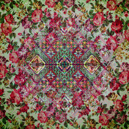 Fragment of colorful retro tapestry text, Fragment of colorful retro tapestry textile pattern with floral ornament useful as backgroundの写真素材