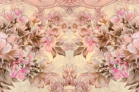 Fragment of colorful retro tapestry text, Fragment of colorful retro tapestry textile pattern with floral ornament useful as backgroundの写真素材