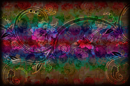 Fragment of colorful retro tapestry text, Fragment of colorful retro tapestry textile pattern with floral ornament useful as backgroundの写真素材