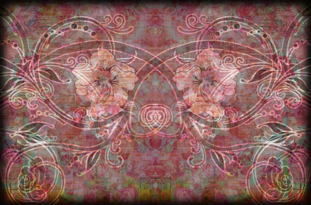 Fragment of colorful retro tapestry text, Fragment of colorful retro tapestry textile pattern with floral ornament useful as backgroundの写真素材