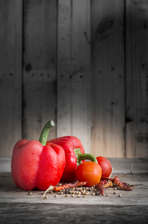 colorful spices on woodの写真素材
