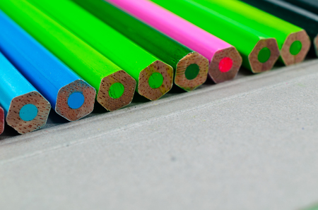 Crayons. Colored Pencils. colored pencils on white background and wood chipsの写真素材
