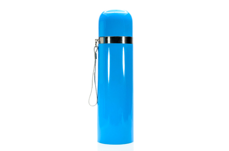 blue metal thermos isolated on white backgroundの写真素材