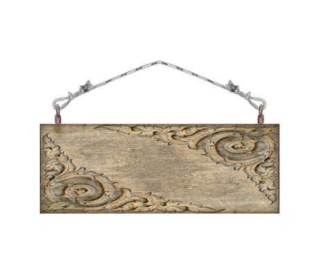 old empty wooden sign hanging on a rope on white backgroundの写真素材