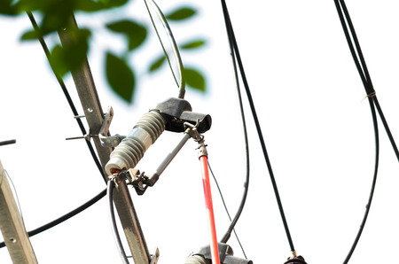electrical power cable line and fuse in the poleの写真素材