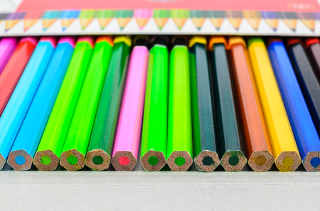 Crayons. Colored Pencils. colored pencils on white background and wood chipsの写真素材