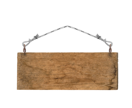 old empty wooden sign hanging on a rope on white backgroundの写真素材