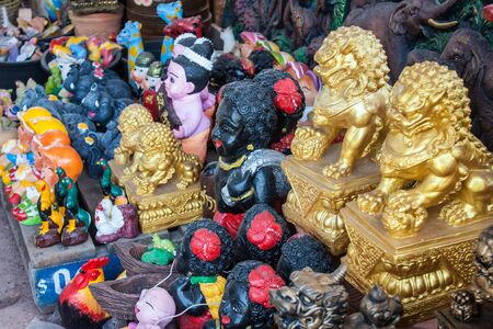 Many souvenir Russian wooden dolls, which are called Matryoshka and figures of templesの写真素材