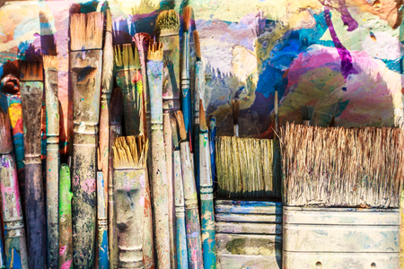 Many drawing brushes are already in use.の写真素材