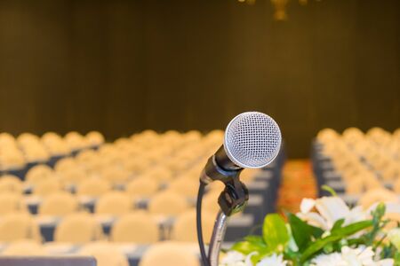 Microphone of conference hall room backgroundの写真素材