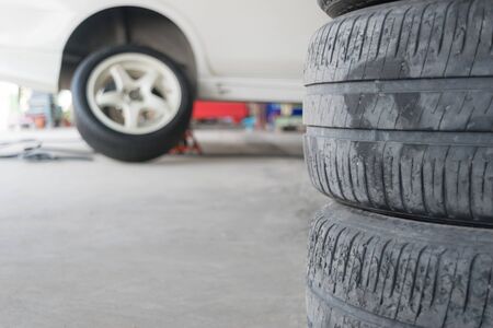Car tire change Tires that are out of use.の写真素材
