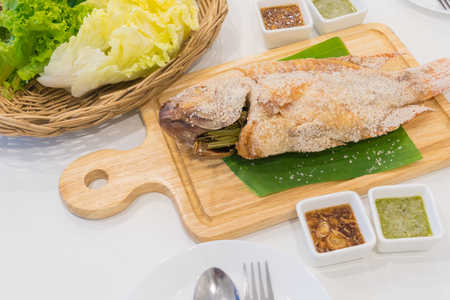 Salted fish and Grilled fish salt and vegetablesの写真素材