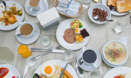 Many foods On the table Buffet food in the morning.