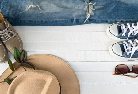 Dress Accessories women Jeans and hats sunglasses shoes on a white background.の写真素材