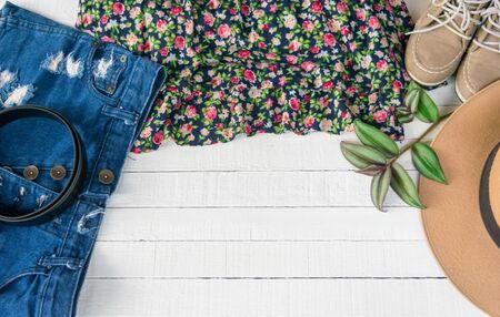 Dress Accessories women Jeans and hats sunglasses shoes on a white background.の写真素材