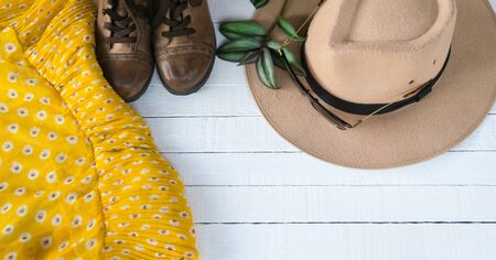 Dress Accessories women Jeans and hats sunglasses shoes on a white background.の写真素材