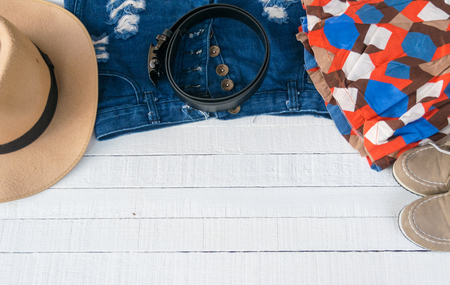 Dress Accessories women Jeans and hats sunglasses shoes on a white background.の写真素材