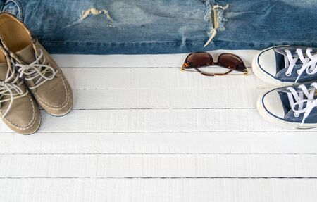 Dress Accessories women Jeans and hats sunglasses shoes on a white background.の写真素材