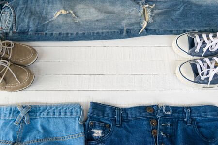 Dress Accessories women Jeans and hats sunglasses shoes on a white background.の写真素材