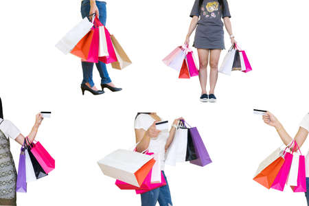 Female walks hands holding shopping bags in the mallの写真素材