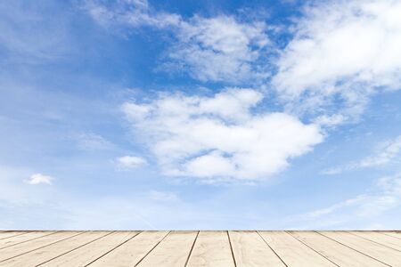Nature trees and green forests with blue sky and white cloud with Wood terraceの写真素材